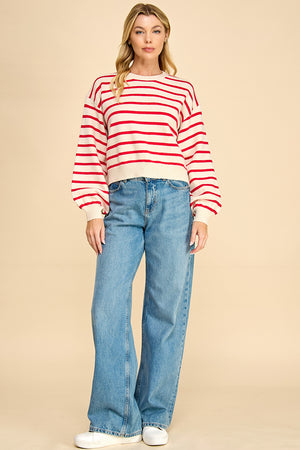 Striped Balloon Sleeve Sweater with Back Button Detail