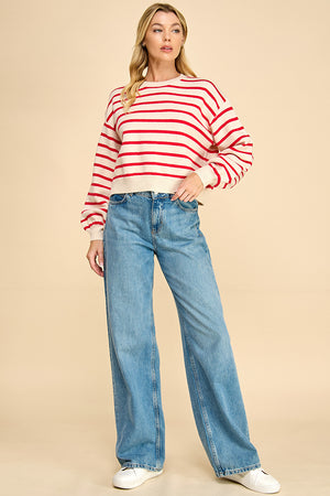 Striped Balloon Sleeve Sweater with Back Button Detail