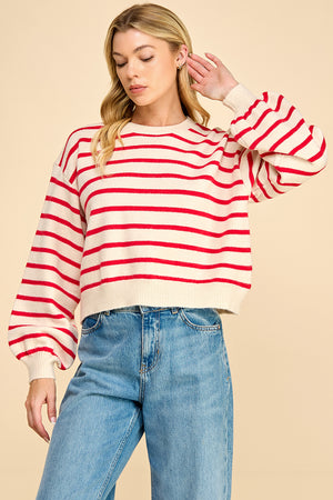 Striped Balloon Sleeve Sweater with Back Button Detail