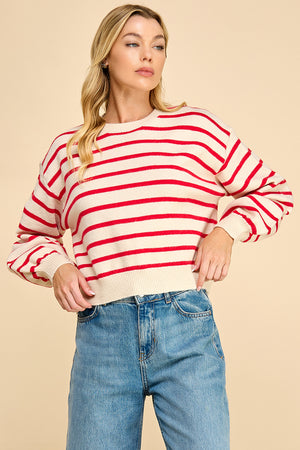 Striped Balloon Sleeve Sweater with Back Button Detail