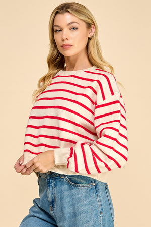 Striped Balloon Sleeve Sweater with Back Button Detail