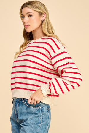 Striped Balloon Sleeve Sweater with Back Button Detail
