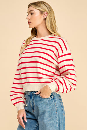 Striped Balloon Sleeve Sweater with Back Button Detail
