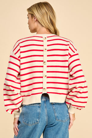 Striped Balloon Sleeve Sweater with Back Button Detail