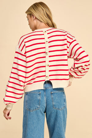 Striped Balloon Sleeve Sweater with Back Button Detail