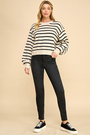 Striped Balloon Sleeve Sweater with Back Button Detail
