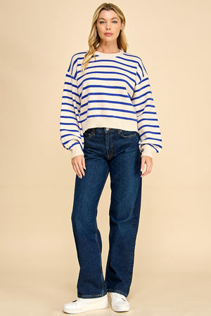 Striped Balloon Sleeve Sweater with Back Button Detail