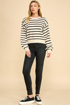 Striped Balloon Sleeve Sweater with Back Button Detail