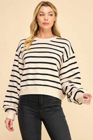 Striped Balloon Sleeve Sweater with Back Button Detail