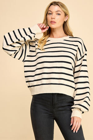 Striped Balloon Sleeve Sweater with Back Button Detail