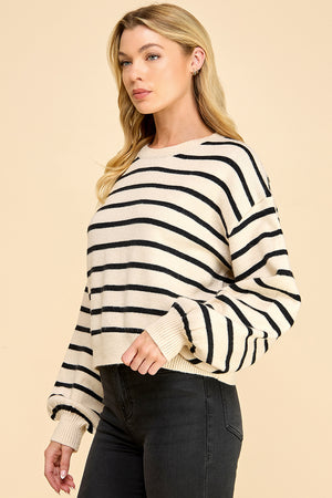 Striped Balloon Sleeve Sweater with Back Button Detail