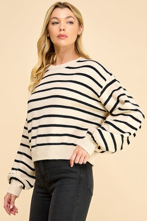 Striped Balloon Sleeve Sweater with Back Button Detail