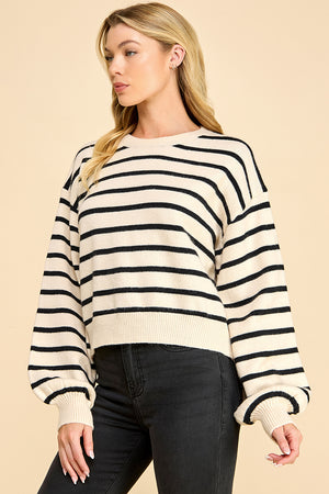 Striped Balloon Sleeve Sweater with Back Button Detail
