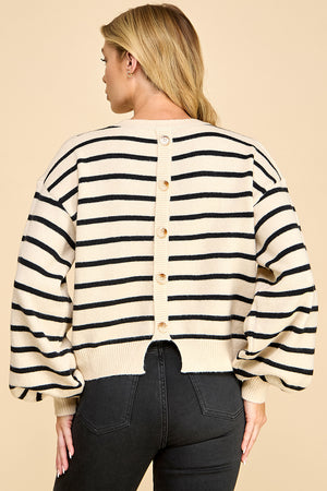Striped Balloon Sleeve Sweater with Back Button Detail