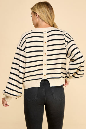 Striped Balloon Sleeve Sweater with Back Button Detail