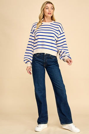 Striped Balloon Sleeve Sweater with Back Button Detail