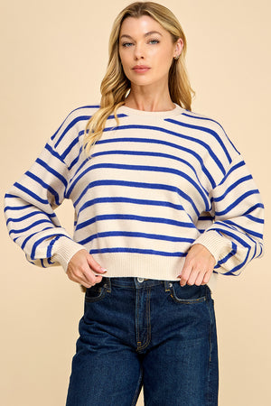 Striped Balloon Sleeve Sweater with Back Button Detail
