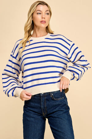 Striped Balloon Sleeve Sweater with Back Button Detail