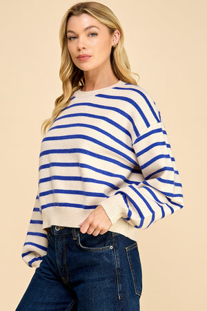 Striped Balloon Sleeve Sweater with Back Button Detail