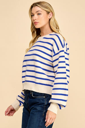 Striped Balloon Sleeve Sweater with Back Button Detail