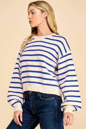 Striped Balloon Sleeve Sweater with Back Button Detail
