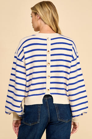 Striped Balloon Sleeve Sweater with Back Button Detail