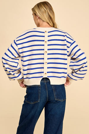 Striped Balloon Sleeve Sweater with Back Button Detail