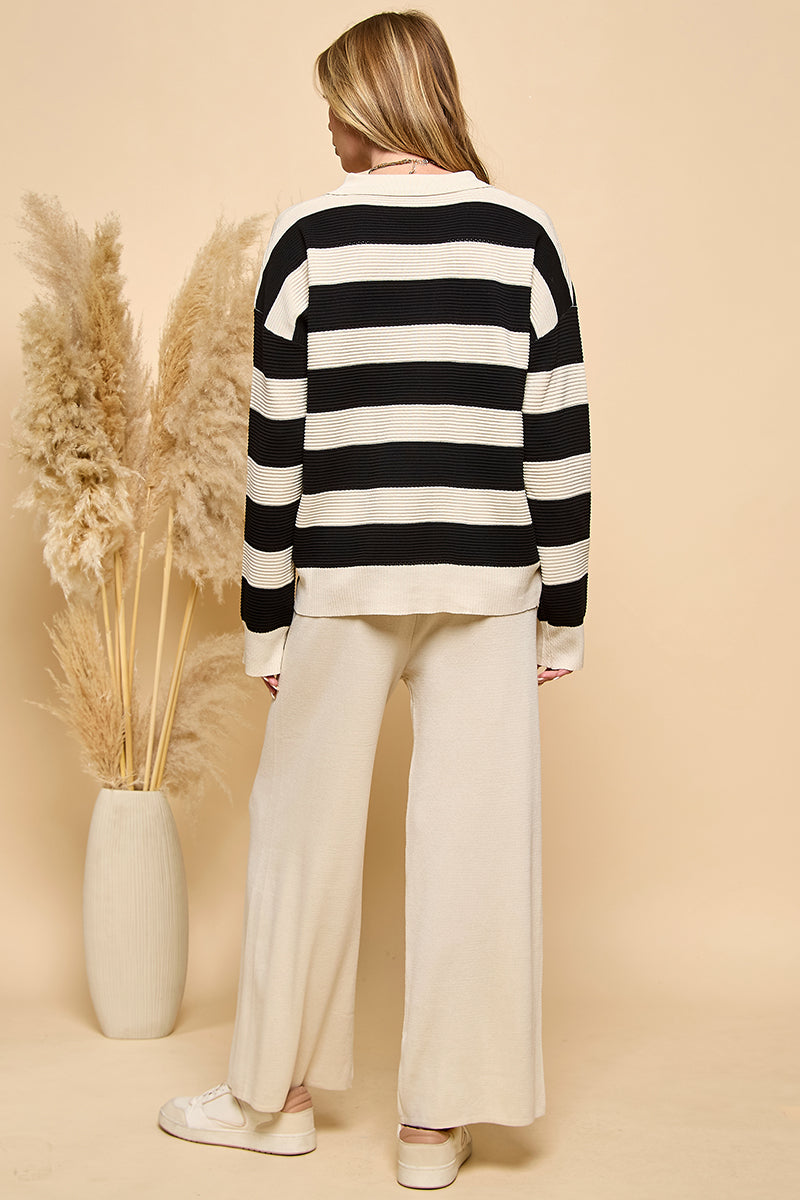 Striped Knit Long Sleeve Top and Wide Leg Pants