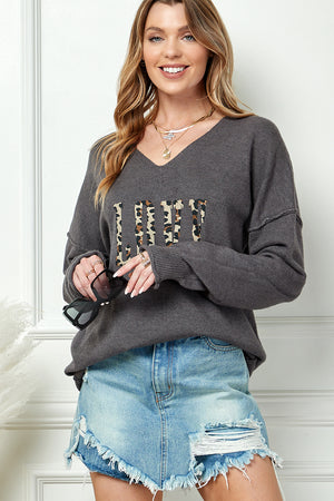 Love leopard print v neck long sleeve casual top