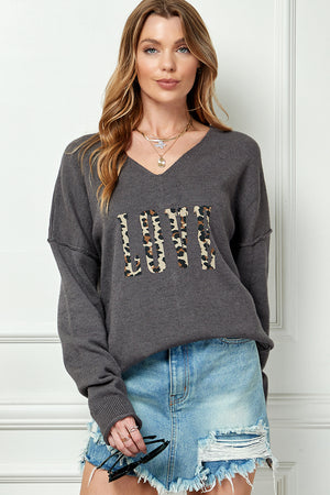 Love leopard print v neck long sleeve casual top