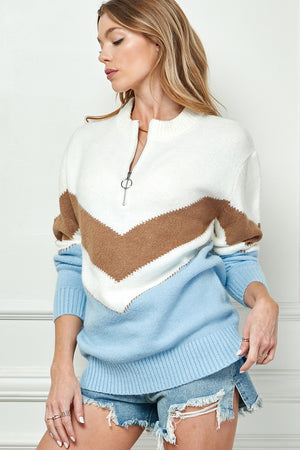 Casual color block zip up sweater
