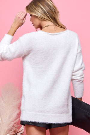 Lace V-Neck Fuzzy Casual Sweater