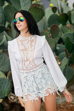 Long Sleeve Floral Lace White Blouse