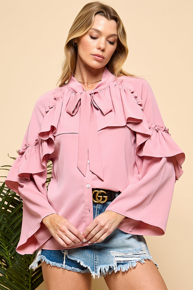 Long Layered Flare Sleeve Tie-Neck Blouse