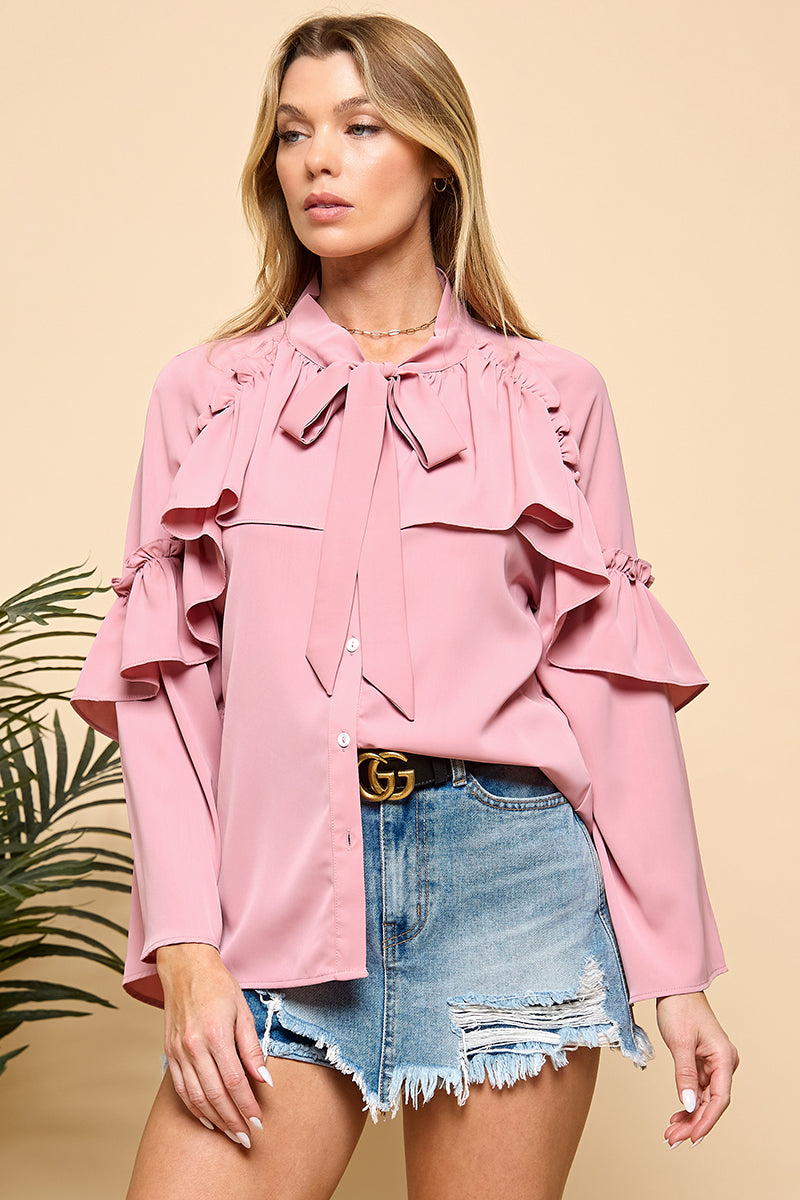 Long Layered Flare Sleeve Tie-Neck Blouse