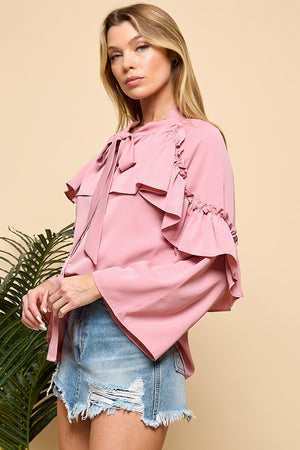 Long Layered Flare Sleeve Tie-Neck Blouse