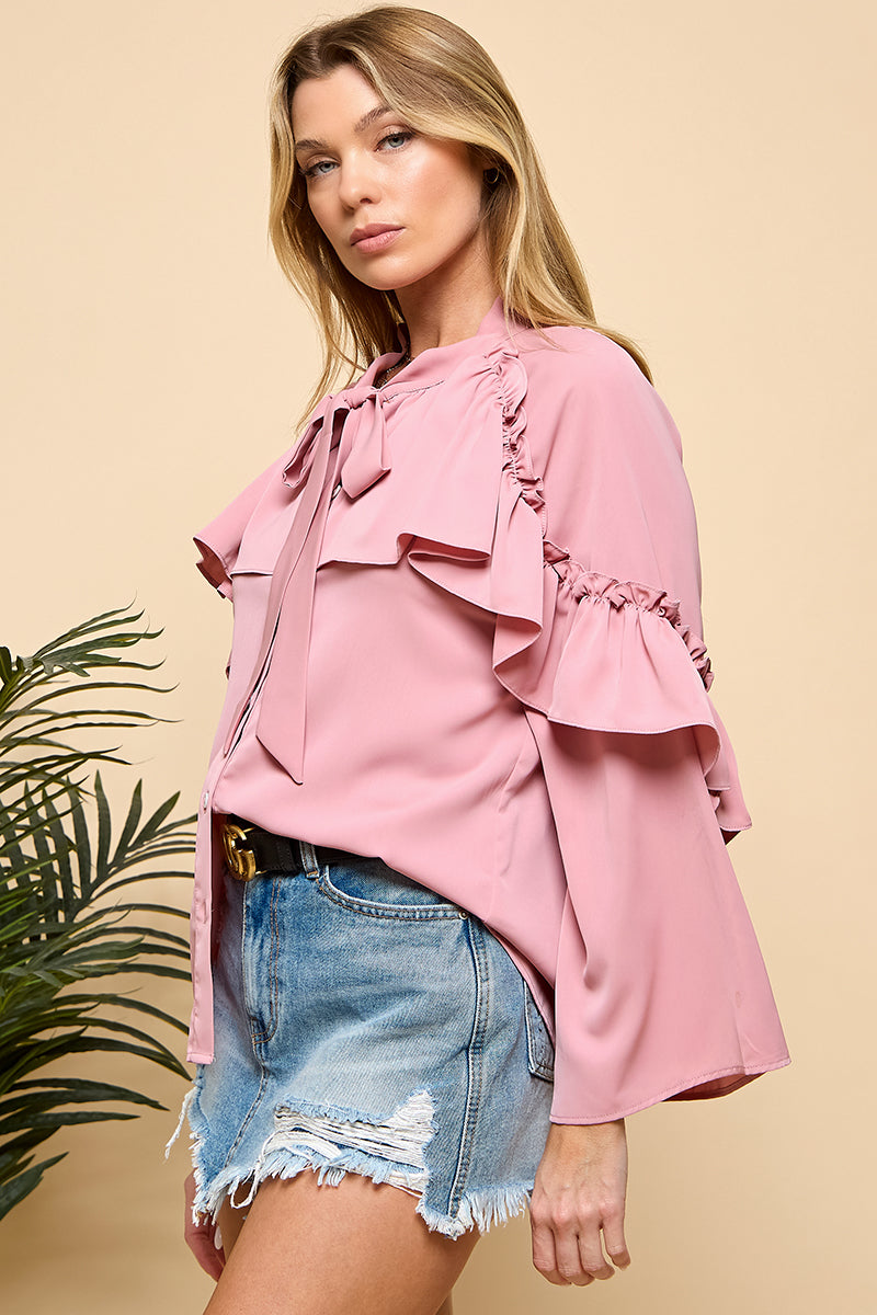 Long Layered Flare Sleeve Tie-Neck Blouse