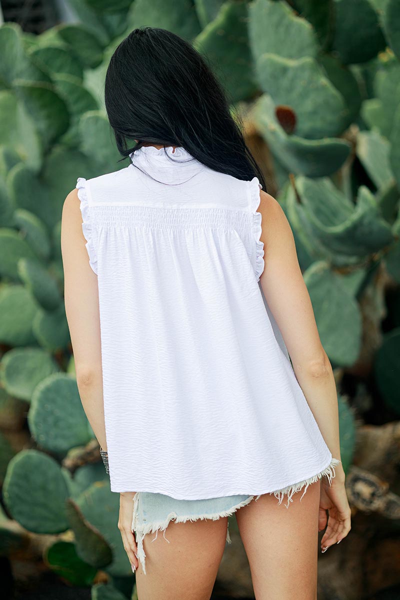 Ruffle Button Cap Sleeve Tank Top