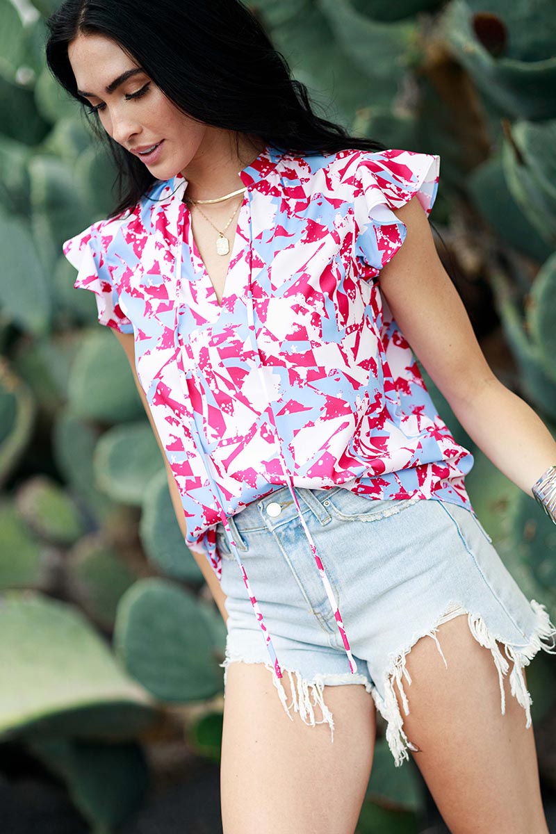 Print Ruffle Short Sleeve V-neck Blouse