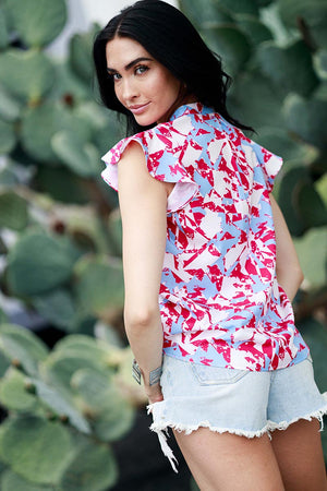 Print Ruffle Short Sleeve V-neck Blouse