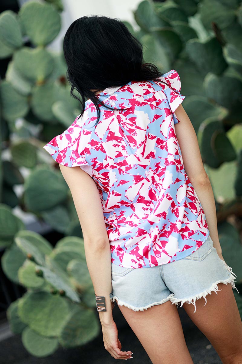 Print Ruffle Short Sleeve V-neck Blouse