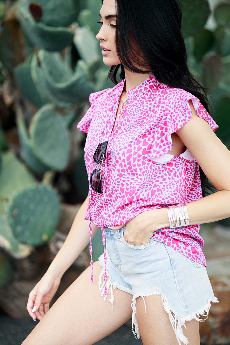 Print Ruffle Short Sleeve V-neck Blouse