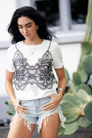 Short Sleeve Black Lace Detail Top