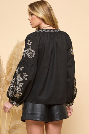 Embroidered Lace Up Tassel Blouse