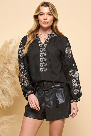 Embroidered Lace Up Tassel Blouse