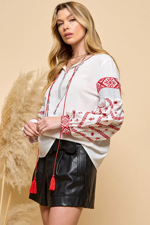 Embroidery Puff Long Sleeve Blouse