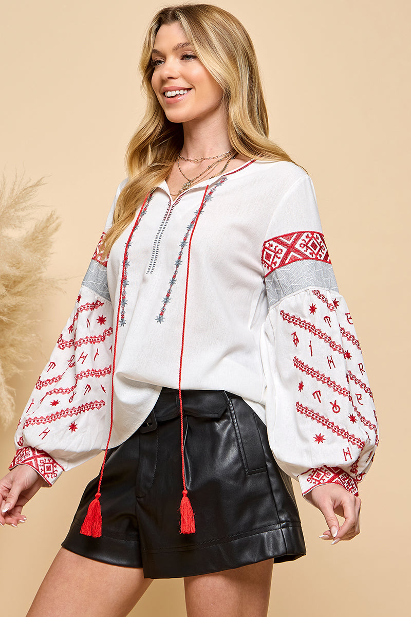 Embroidery Puff Long Sleeve Blouse