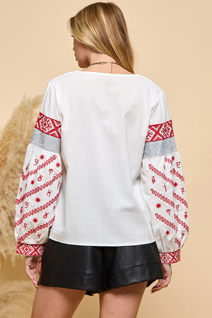 Embroidery Puff Long Sleeve Blouse