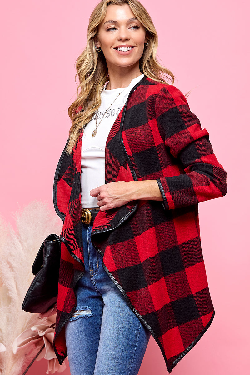 Buffalo Plaid Print Open Cardigan