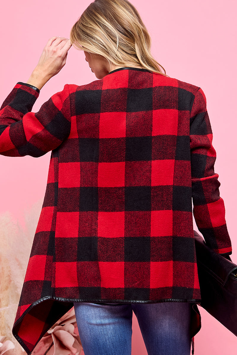 Buffalo Plaid Print Open Cardigan